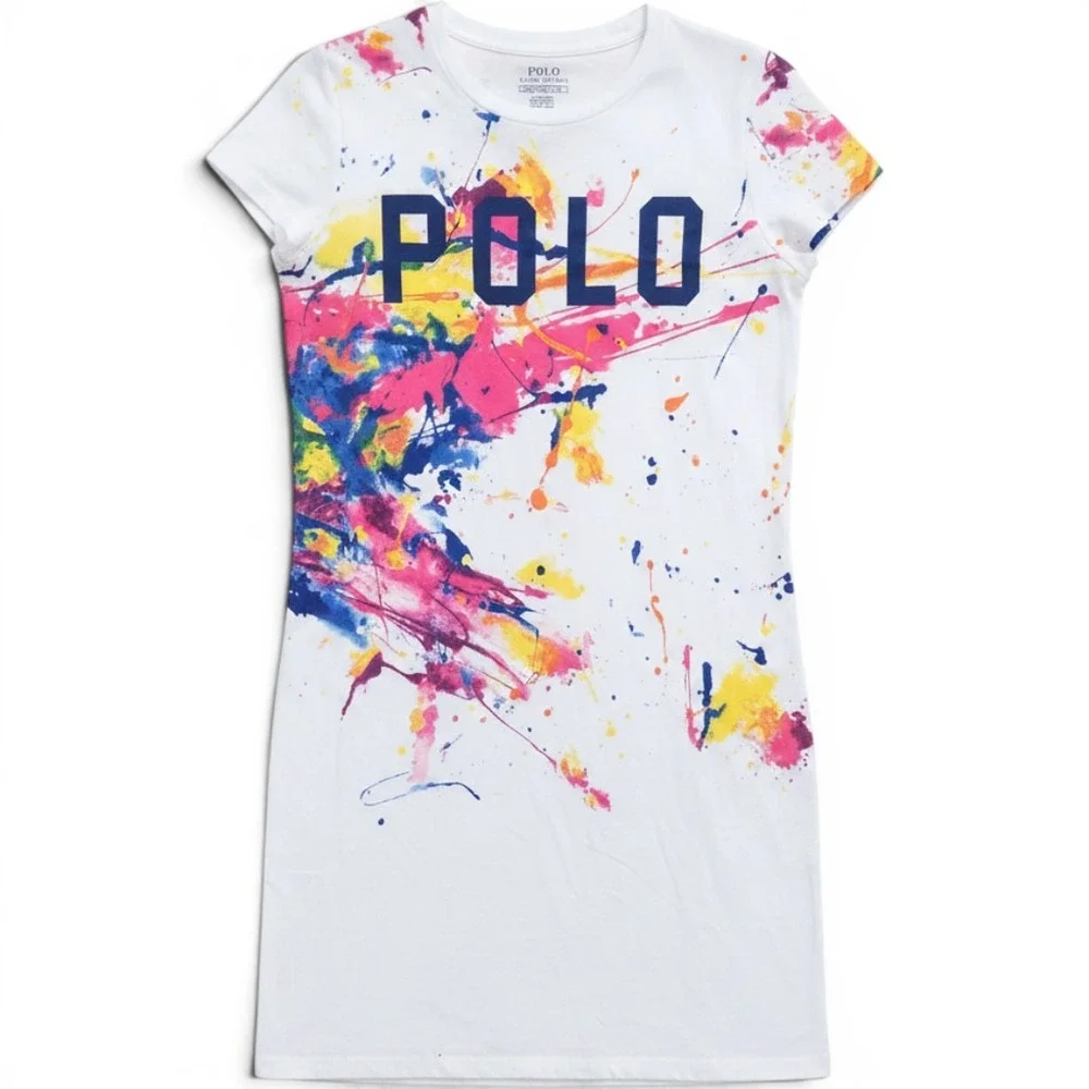 Polo Ralph Lauren Kidcore Splatter Sporty Preppy School Color Shirt Dress XLarge